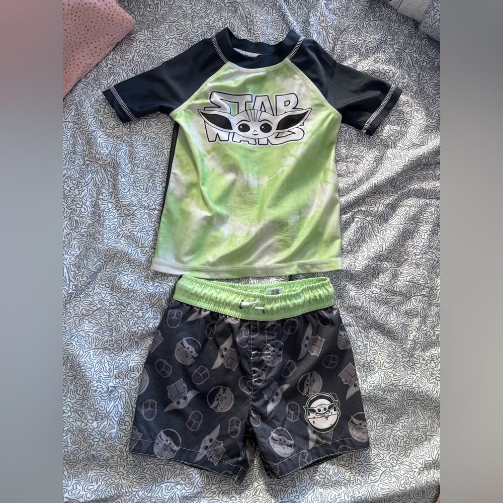 Star Wars swim trunks and rash guard